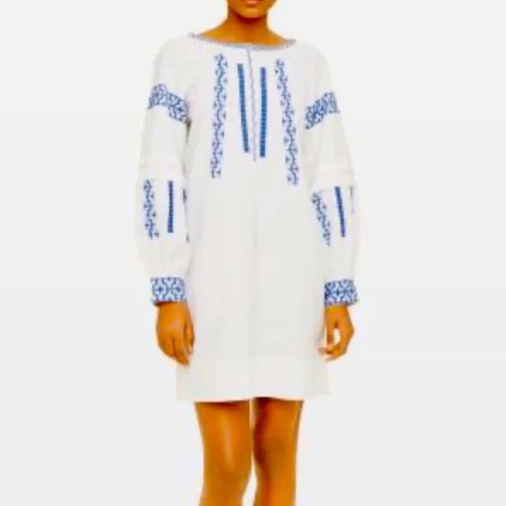 Club Monaco White Blue Embroidered Long Sleeve Dress - Size 6